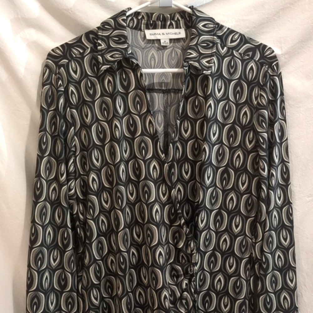 Emma & Michele | Neutral Pattern Printed Black Knit Wrap Dress Long Sleeve | M